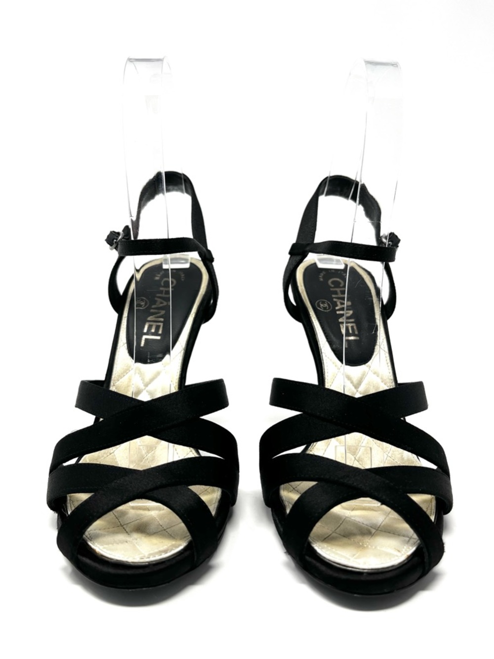 Chanel Strappy Black Satin Silver Crystal CC Logo High Heels Sandals Shoes 37 7 - Picture 3 of 11